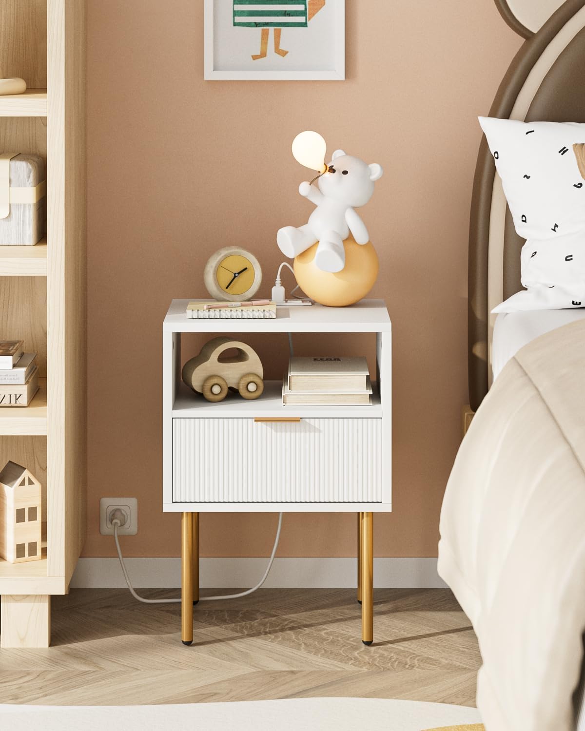 Nightstand with Charging Station,Morden Bedside Table with Gold Frame,Small White Night Stand,End Table,Bedside Furniture,Side Table with Drawer and Shelf for Bedroom,Living Room