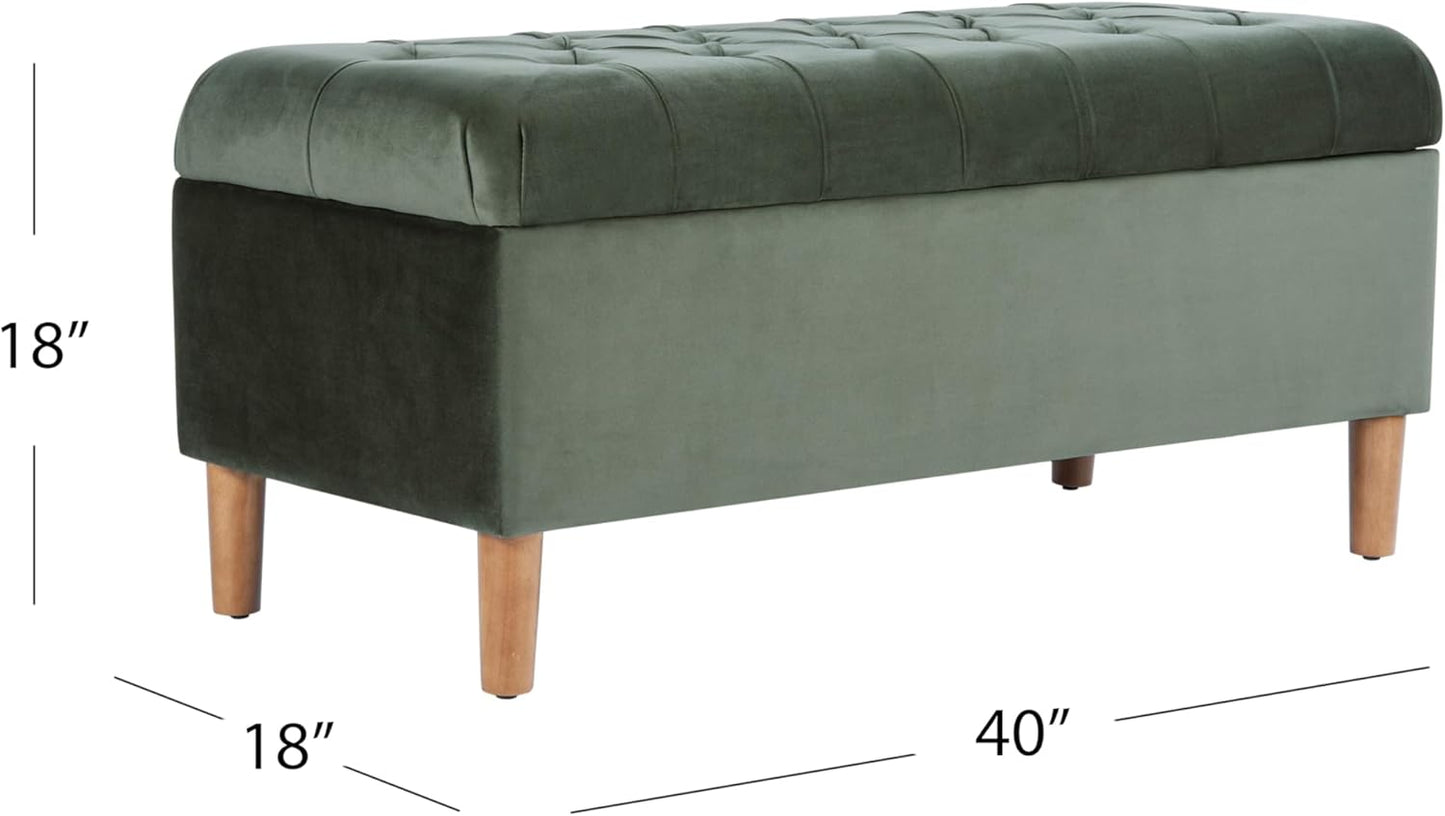 HomePop Home Decor | Tufted Ainsley Button Storage Ottoman Bench with Hinged Lid | Ottoman Bench with Storage for Living Room & Bedroom,Loden Green Velvet