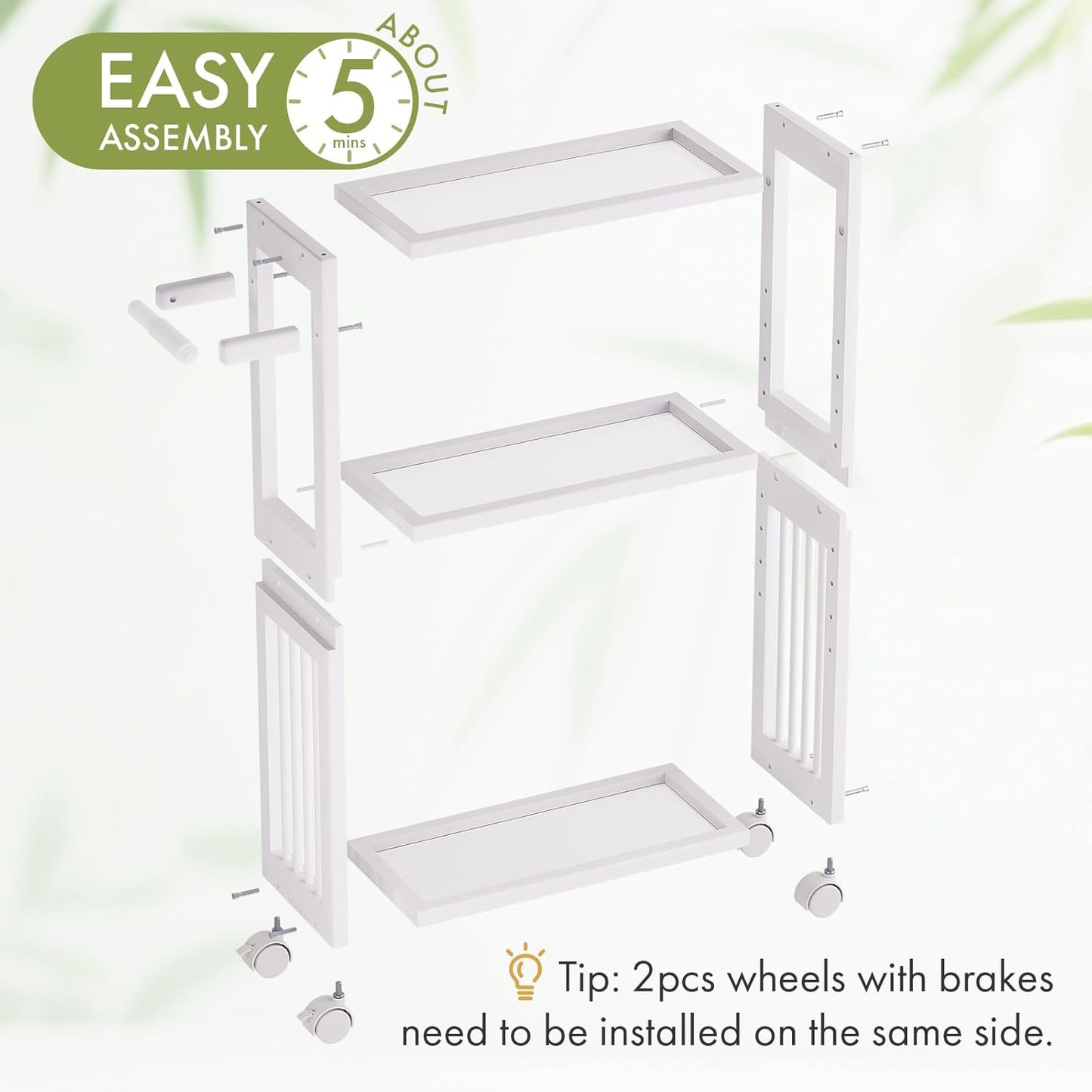 AmazerBath White Toilet Paper Holder Storage - 3 Tier Bamboo Mobile Storage Shelf, Small Bathroom Rolling Storage Cabinet Corner, Thin Shelf for Narrow Spaces on Wheels, Slim Bathroom Organizer, White