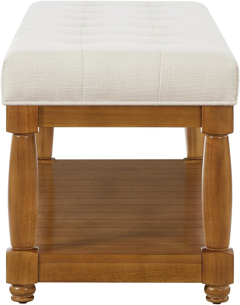 24KF Large Rectangular Upholstered Tufted Bed Bench, Linen Fabric Storage Ottoman Bench for Living Room, Padded Entryway Bench with Solid Wood Shelf,5098-Ivory