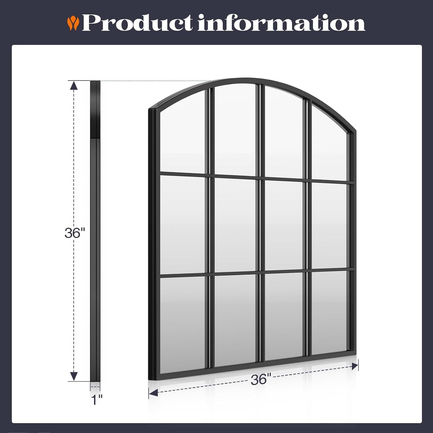 Window Pane Black Mirror, 36" x 36" Farmhouse Arched Wall Mirror, Large Arch Grid Mirror for Living Room Bedroom Farmhouse Fireplace Hallway Entryway