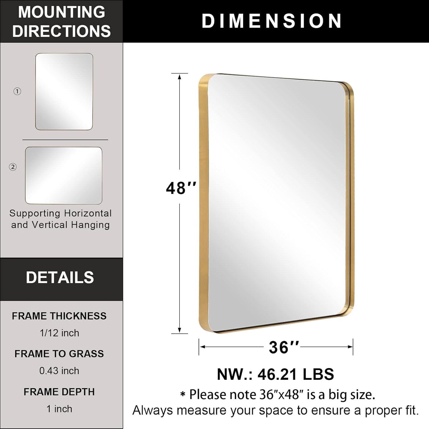 ANDY STAR 36”x48”Gold Bathroom Mirror for Wall, Brushed Brass Metal Rounded Corner Rectangle Mirror, Wall Mirror in Stainless Steel Metal Frame, 1”Deep Set Design Hangs Horizontal Or Vertical