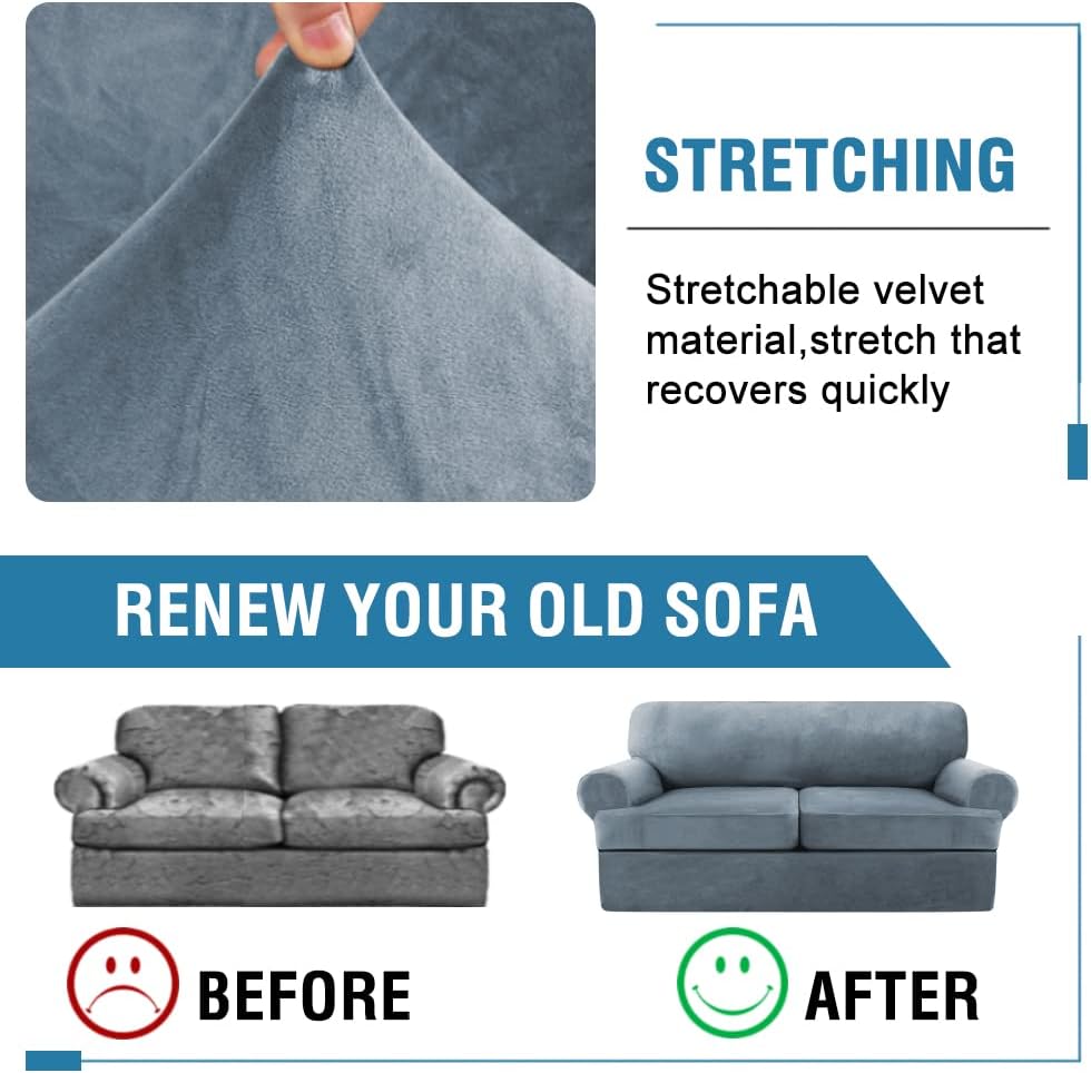 H.VERSAILTEX Sofa Cover 3 Piece Sofa Slipcovers Thick Velvet Couch Cover Furniture Protector Stretch Sofa Covers for 2 Cushion Couch with 2 Individual T Cushion Covers Washable, Stone Blue