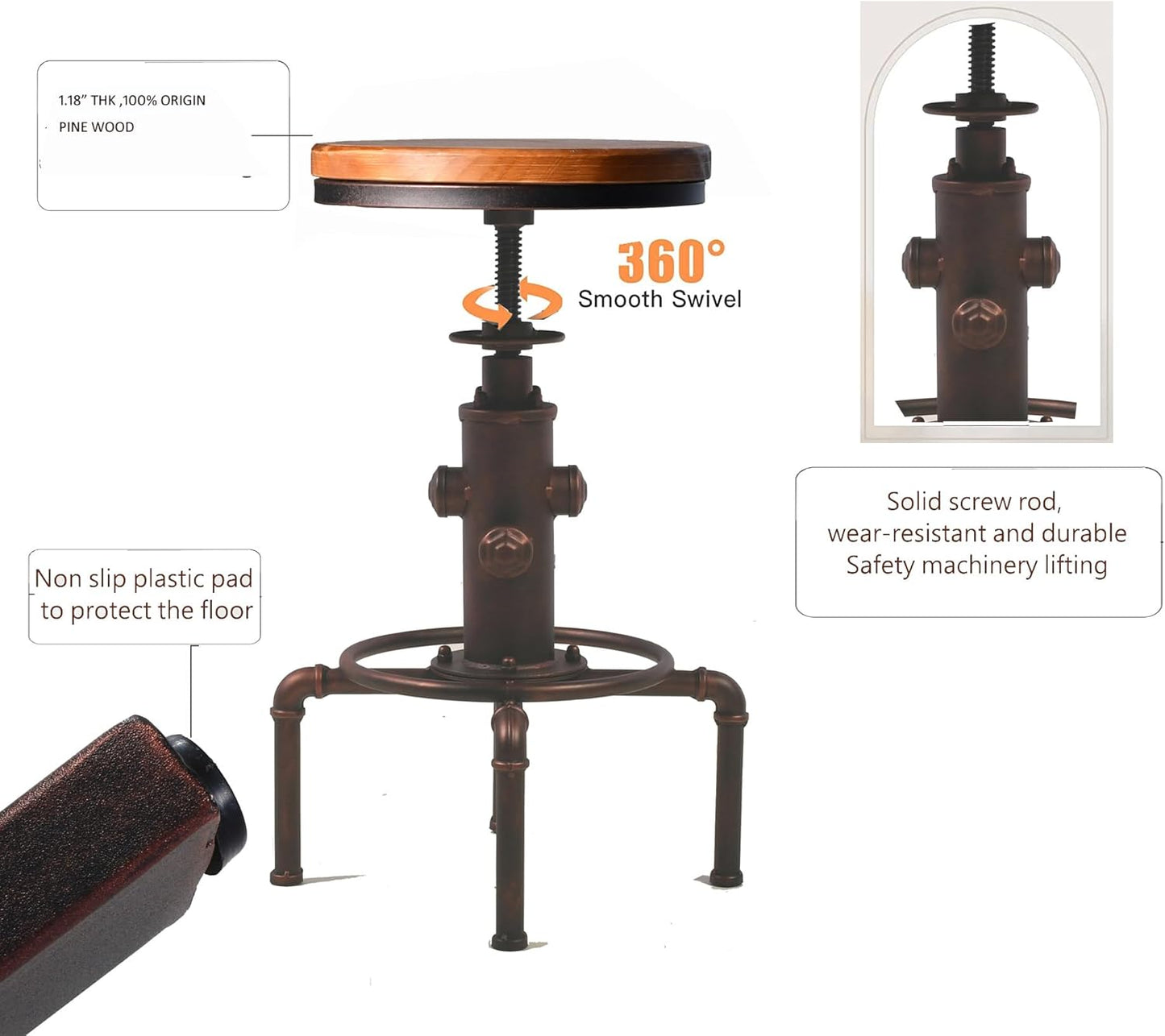 Topower Antique Vintage Industrial Barstool Solid Wood Water Pipe Fire Hydrant Design Cafe Coffee Industrial Bar Stool Set of 2 Red Bronze