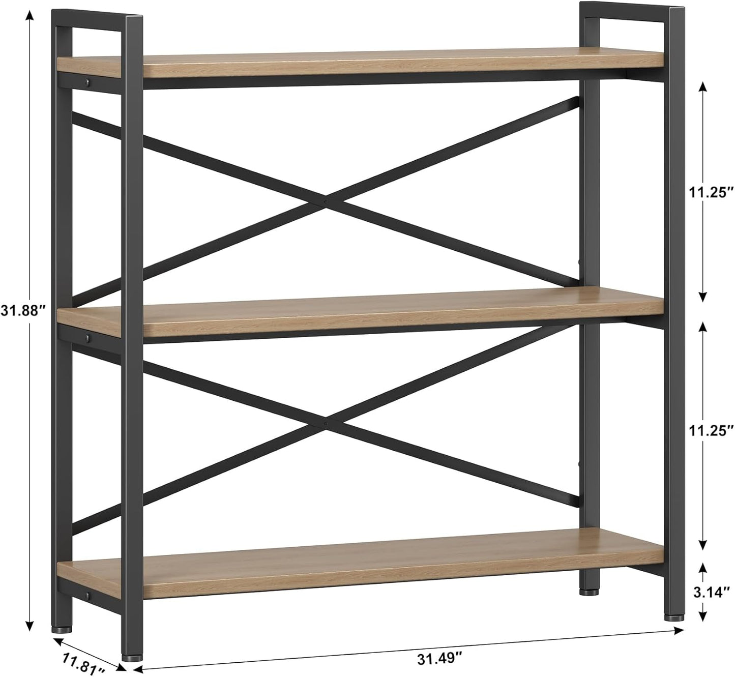 Homeiju 3 Tier Bookshelf 31.49" Width, Wood and Metal Etagere Bookcase, Vintage Farmhouse Modern Wooden Big Book Shelf for Home Living Room Bedroom Office Storage(Light Coffee)