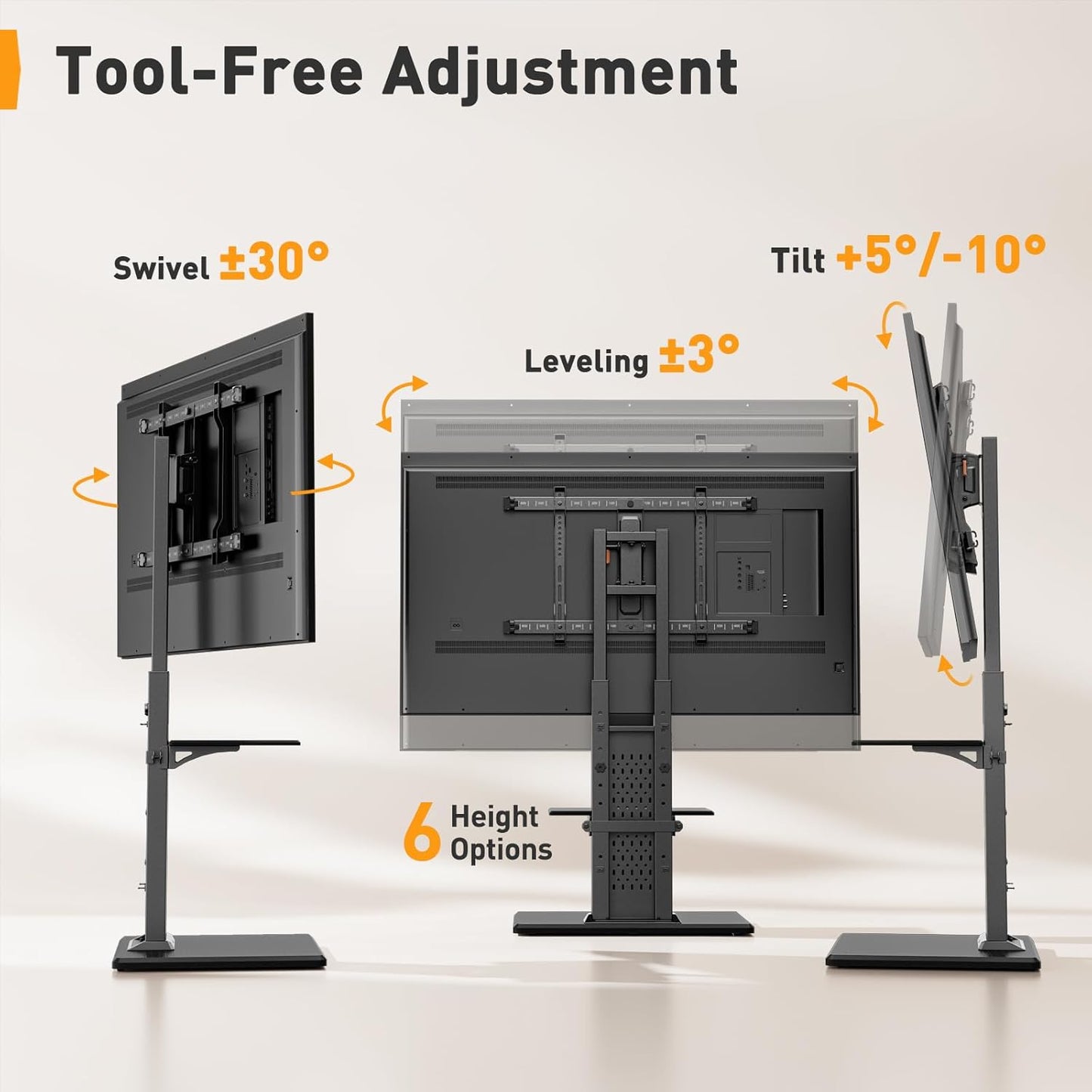 Perlegear Floor TV Stand with Mount for 32-86" TVs up to 132 lbs, Tall TV Stand with Pegboard and 6 Height Settings, TV Swivel Stand with Wooden Base, Max VESA 600x400mm PGFS13