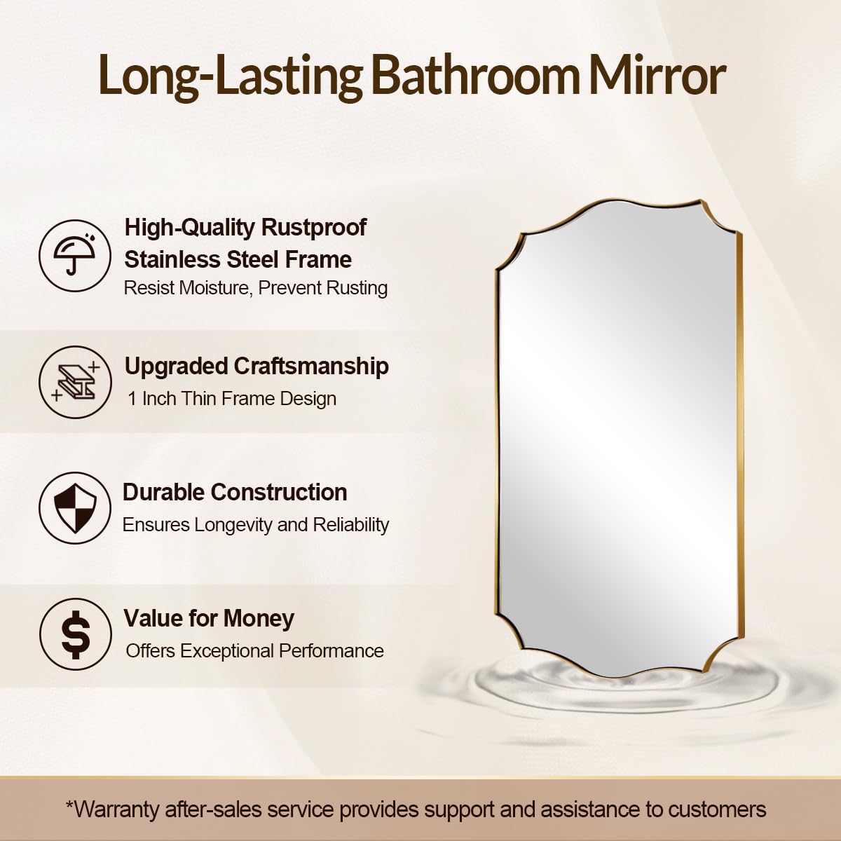 28x36 Inch Gold Scalloped Mirror, Bathroom Vanity Mirror with Stainless Steel Metal Frame, Anti-Rust, Shatterproof HD Glass, Unique Irregular Mirror for Bathroom, Bedroom, Living Room
