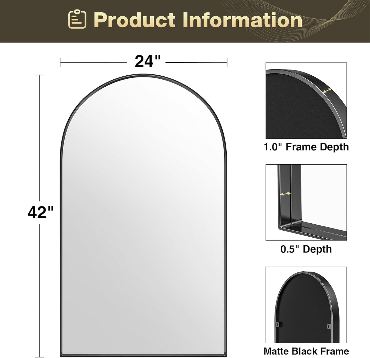 Brightify Arched Mirror, Arched Wall Mirror, 24 x 42 Inch Black Arch Mirror, Metal Frame Black Bathroom Mirror, Arched Top Bathroom Vanity Mirror for Living Room Bedroom Mantel Entryway Hallways