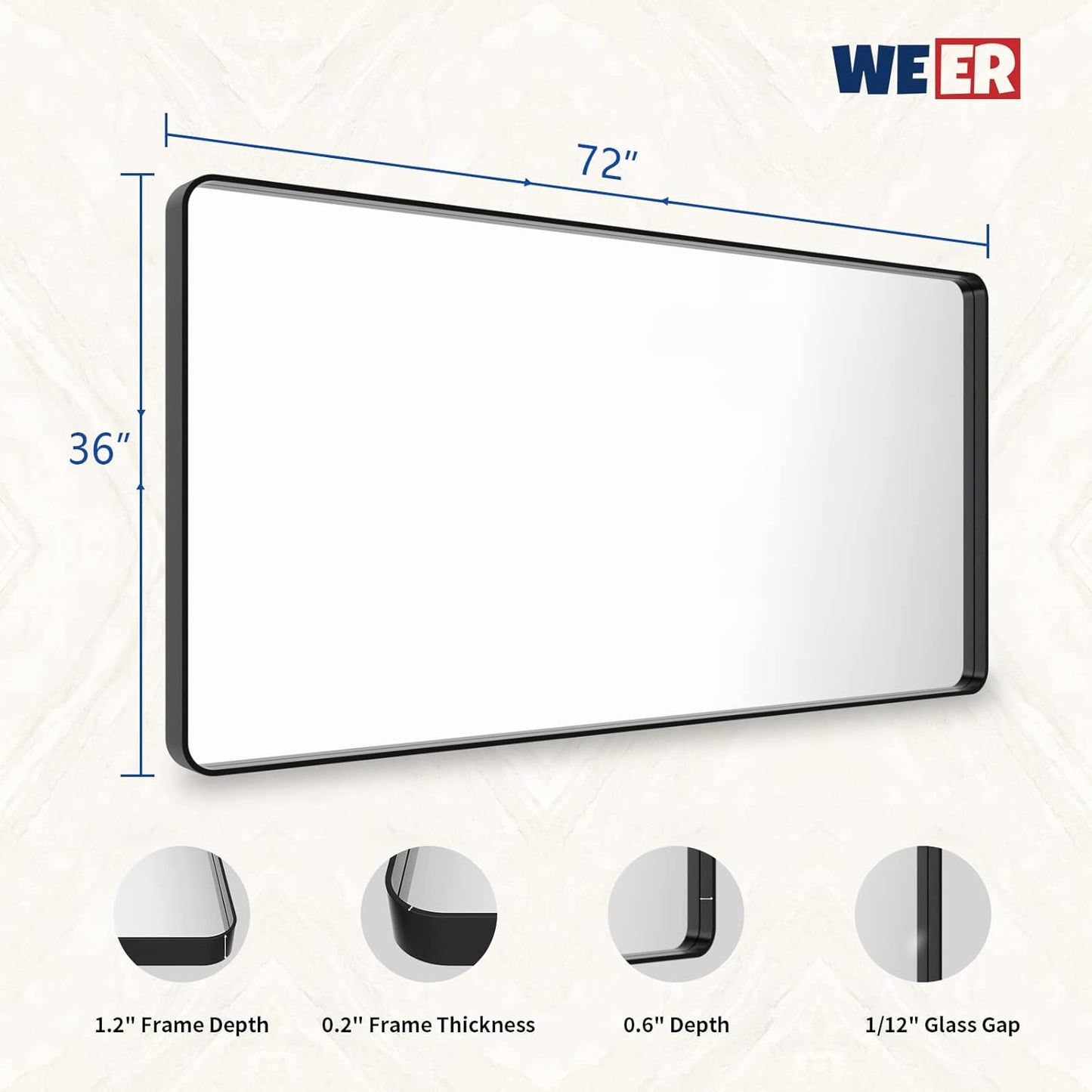 WEER Black Bathroom Mirror 72x36 Inch, Black Metal Framed Mirror for Wall, Large Rounded Rectangle Matte Black Vanity Mirror Farmhouse, Anti-Rust, Tempered Glass, Hangs Horizontally or Vertically