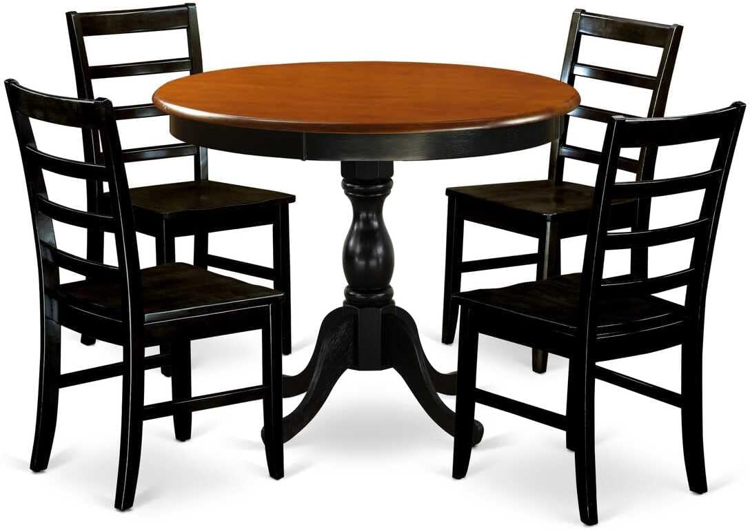 East West Furniture AMPF5-BCH-W 5 Piece Kitchen Table & Chairs Set Includes a Round Dining Room Table with Pedestal and 4 Dining Chairs, 36x36 Inch, Black & Cherry