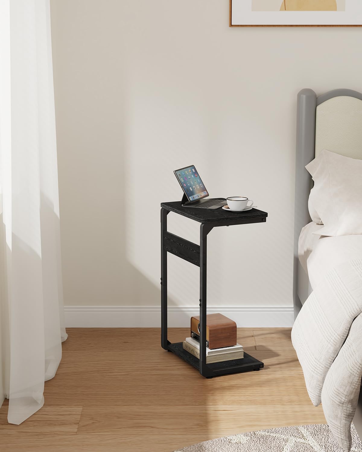 C-Shaped End Table, Small Side Table for Couch, Sofa TV Tray Table for Living Room, Bedroom, Bedside ET-YB-BKW1