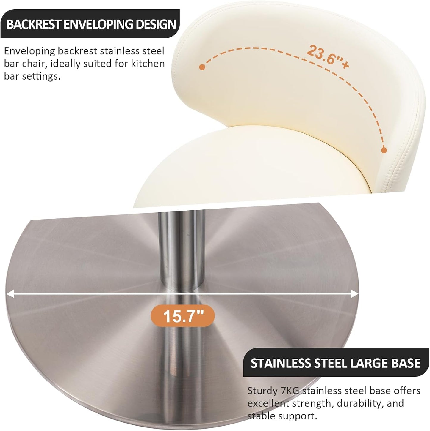 RAINMOOD Bar Stools, Adjustable Swivel Barstools with Back and Footrest, Faux Leather Upholstered, Stainless Steel Base, for Kitchen Counter, Bar, Dining Room