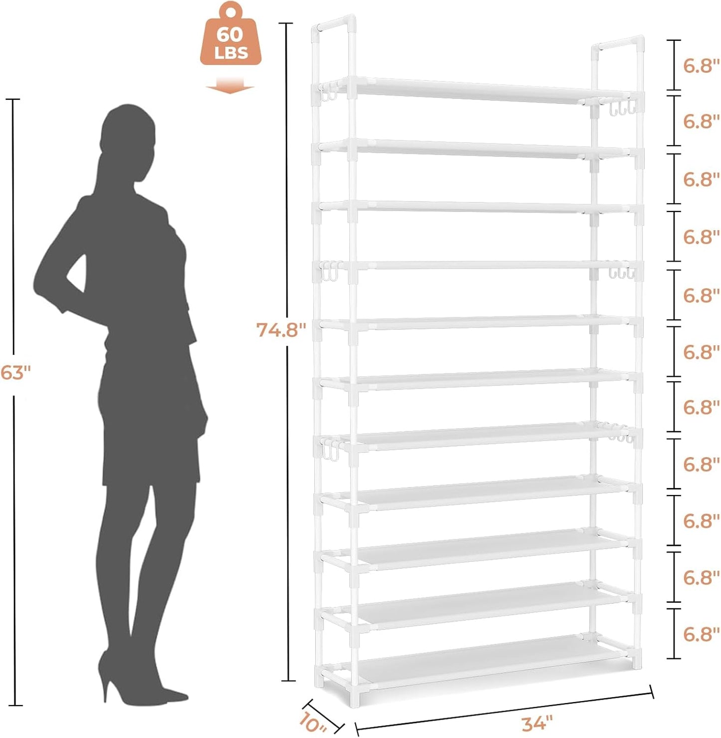 11 Tiers Tall Shoe Rack Holds 55 Pairs of Shoes with 18pcs Hooks Sturdy Wide Shoe Organizer Storage Free Standing Metal Shoe Shelf for Closet, Entryway White