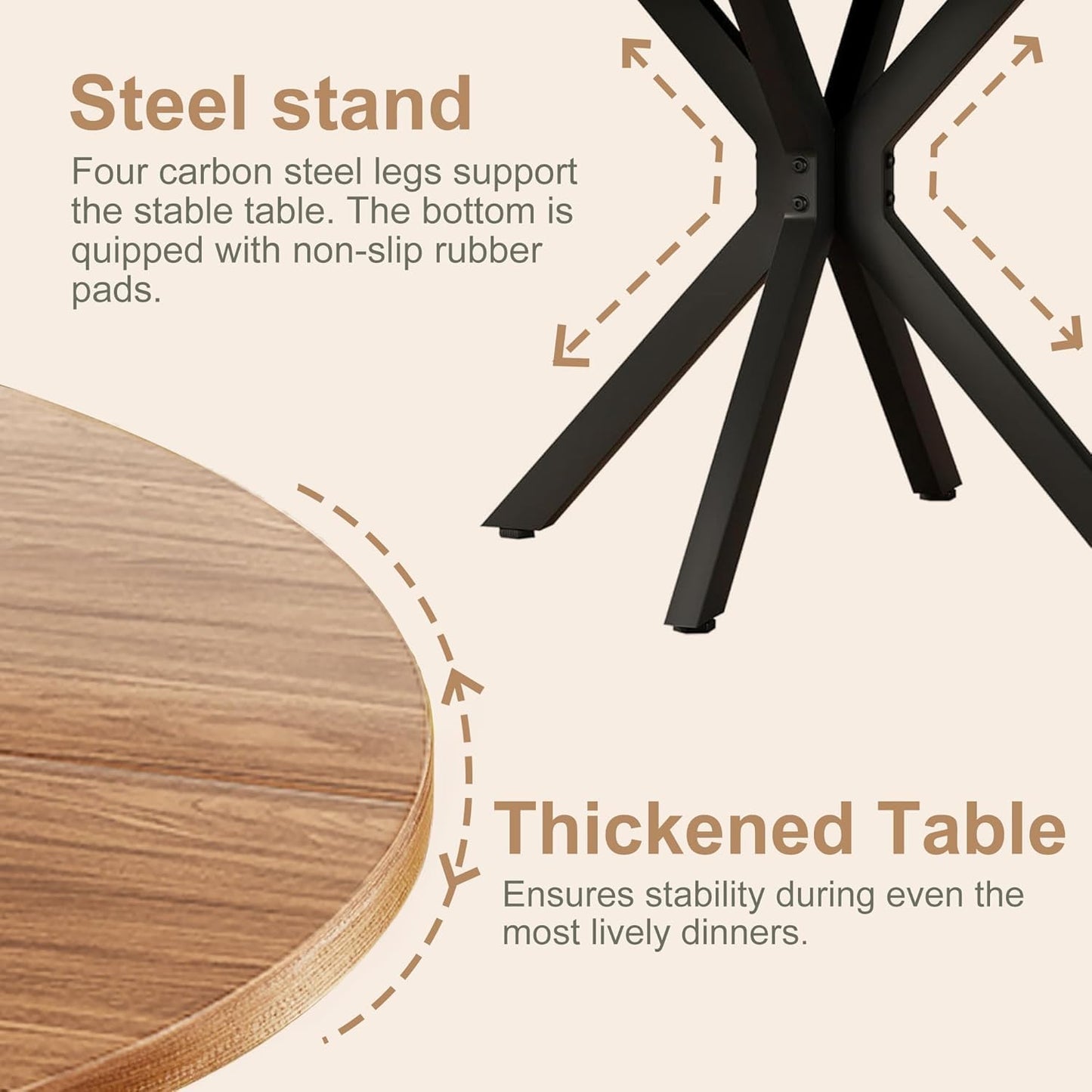 47 Inch Round Dining Table for 4, Modern Round Dinner Table Small Mid Century Dining Room Tables, Leisure Kitchen Tables for Small Space, Kitchen, Living Room, Steel Legs, Black & Natural