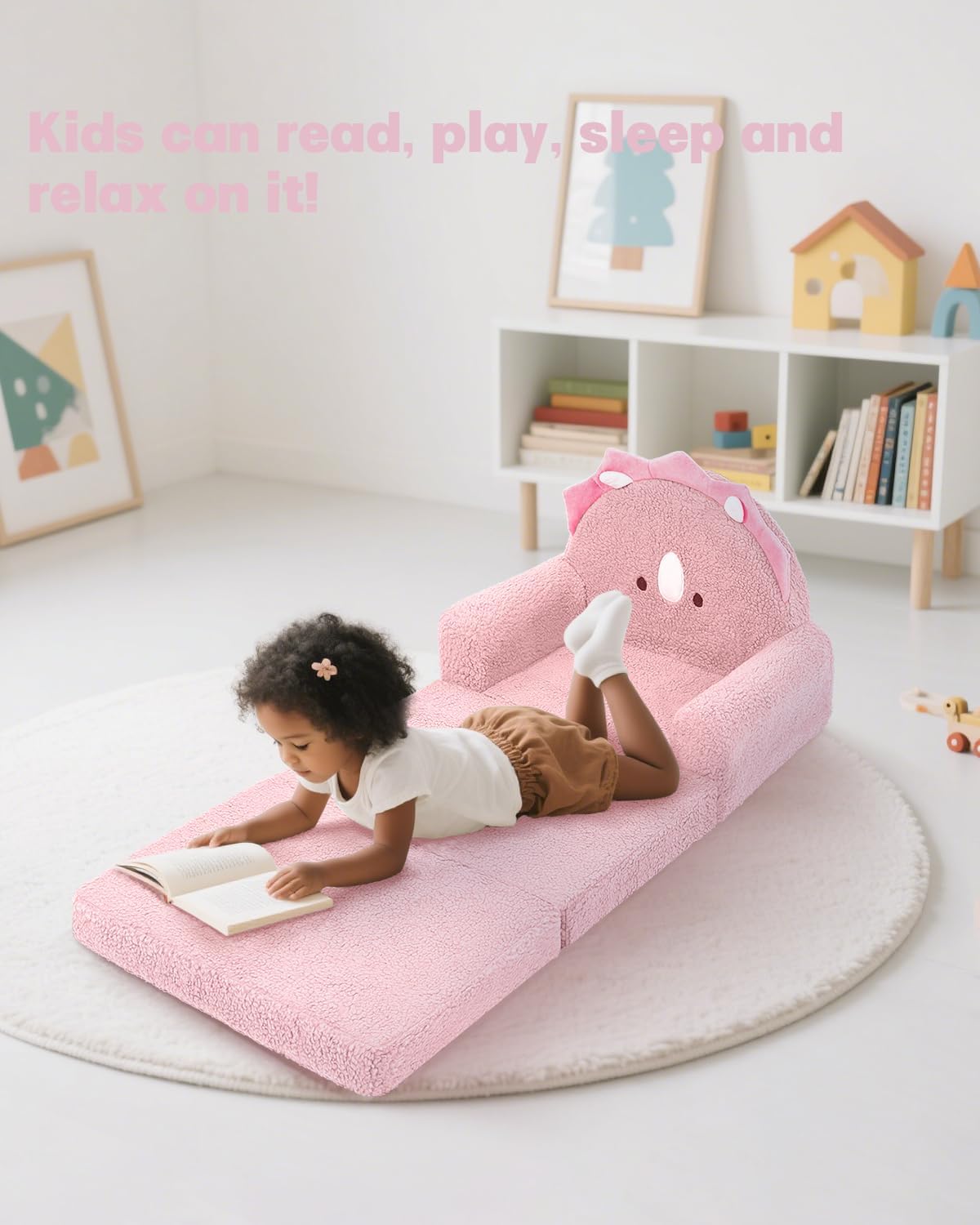 MOONBEEKI 2-in-1 Foldable Toddler Couch, Soft Sherpa Fabric with Washable Cover, Convertible Sofa to Lounger, Kids Sofa for Playroom, Bedroom, Living Room, Birthday Gift, Ages 1-3, Triceratop, Medium