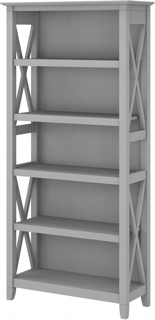 Bush Furniture Tall 5 Shelf Bookcase for Living Room or Home Office, Large Bookshelf, Modern Farmhouse Style, Key West Collection, Cape Cod Gray
