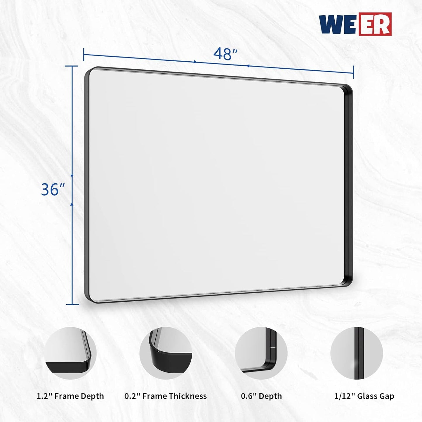 WEER Black Bathroom Mirror 48X36 Inch, Matte Black Bathroom Vanity Mirror Farmhouse, Large Rounded Rectangle Black Metal Framed, Anti-Rust, Tempered Glass, Hangs Horizontally or Vertically