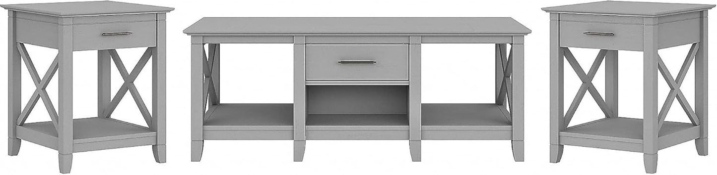 Bush Furniture Key West Coffee Table with Set of 2 End Tables in Cape Cod Gray