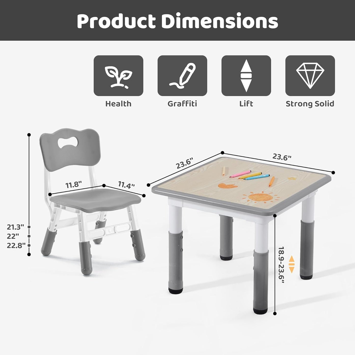 Kids Table & Chairs Set (2 Chairs) Height Adjustable for Ages 2-8 | Non-Slip Toddler Activity Table with Wipe-Clean Desktop, Montessori Learning & Art Drawing Table for Home Preschool