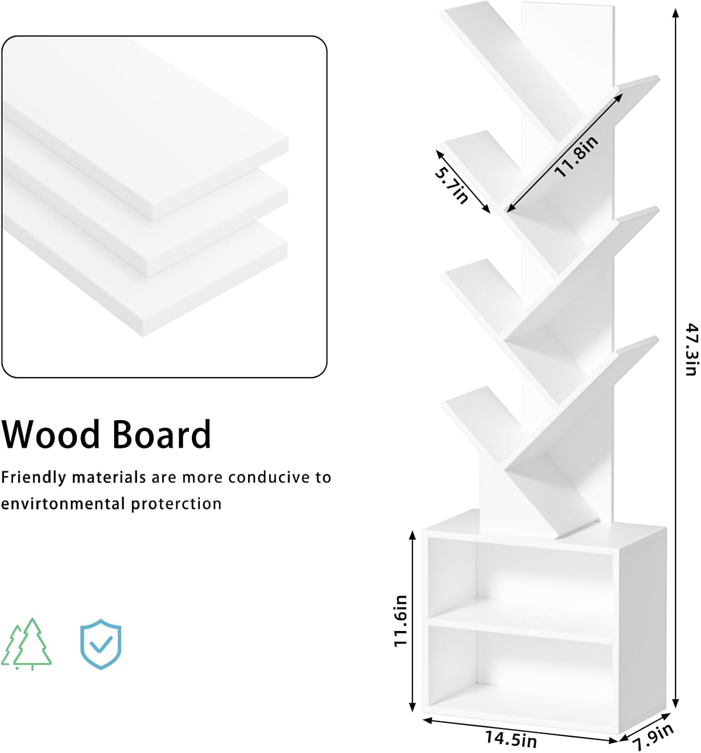 10 Tier Tree Bookshelf,Floor Standing Wood Tall Bookcase for Narrow Space, Storage Organizer Bookshelves for Books, Book Case for CDs/Movies/Books,Home Office,Living Room, Bedroom