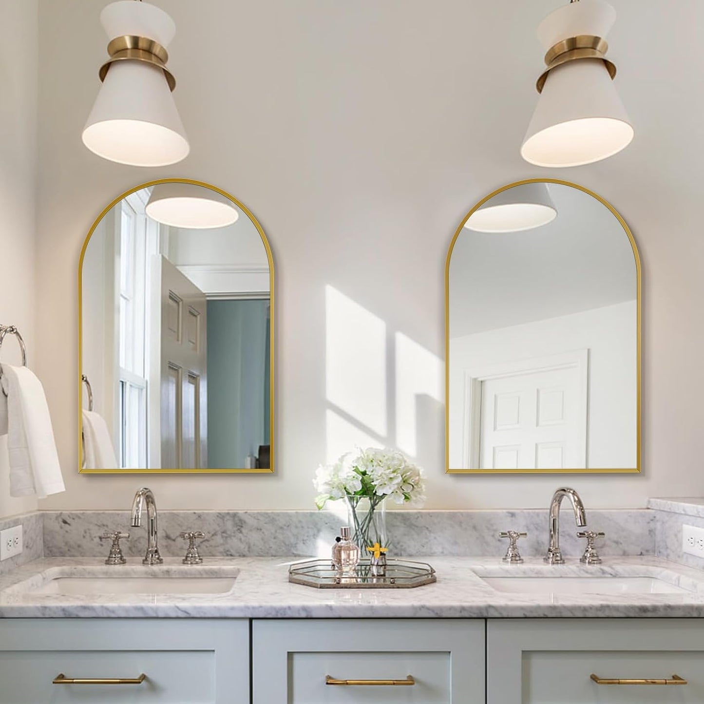 24" x 32" Gold Arched Mirror, Arch Wall Mirror, Metal Frame Black Bathroom Mirror, Arched Top Bathroom Vanity Mirror for Living Room, Bedroom, Entryway, Tempered Glass, Shatter Proof