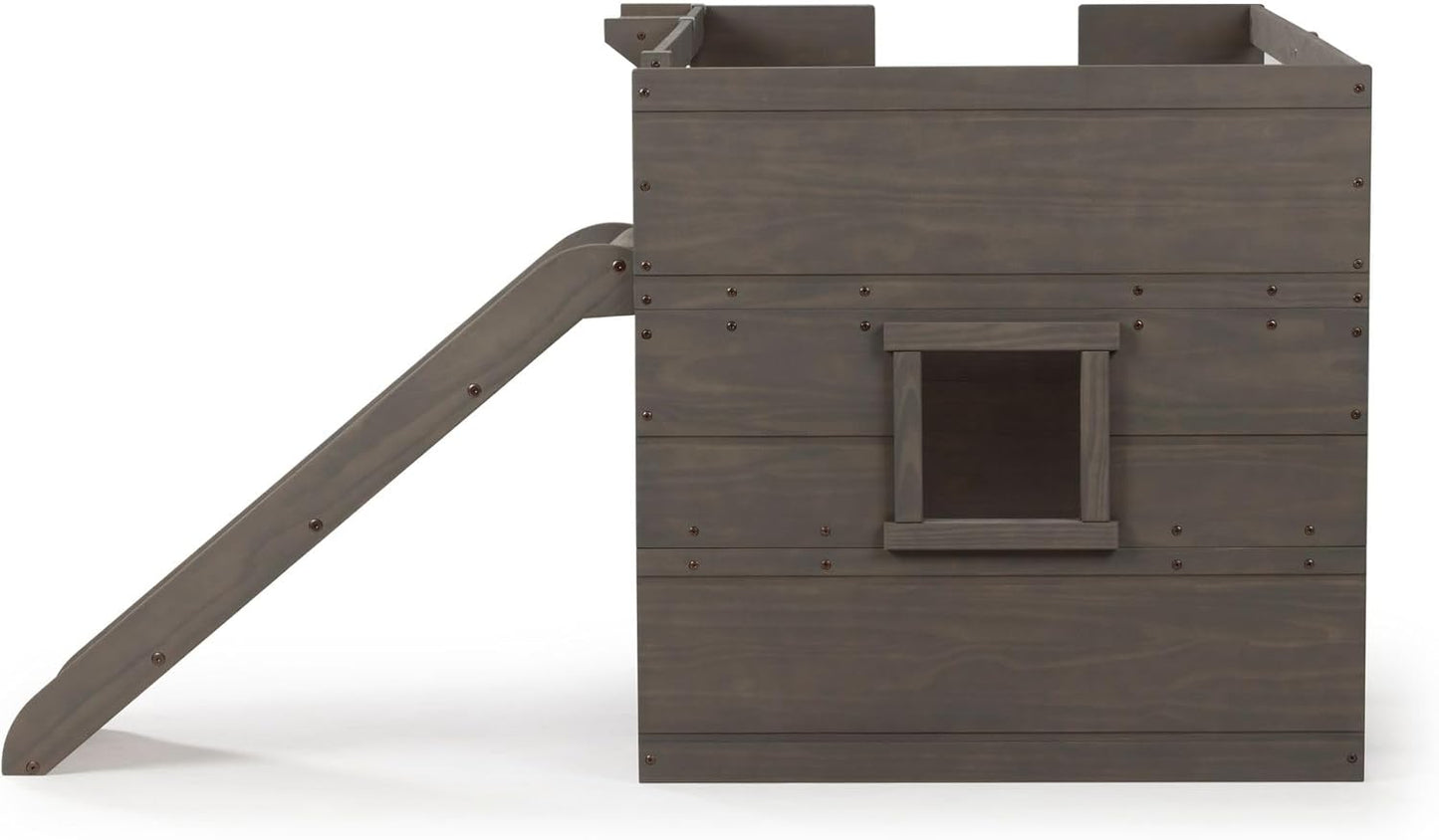 Max & Lily Loft Bed Twin Size, Solid Wood Low Loft Bed with Slide and Ladder, Modern Farmhouse Loft Bed for Kids, Driftwood