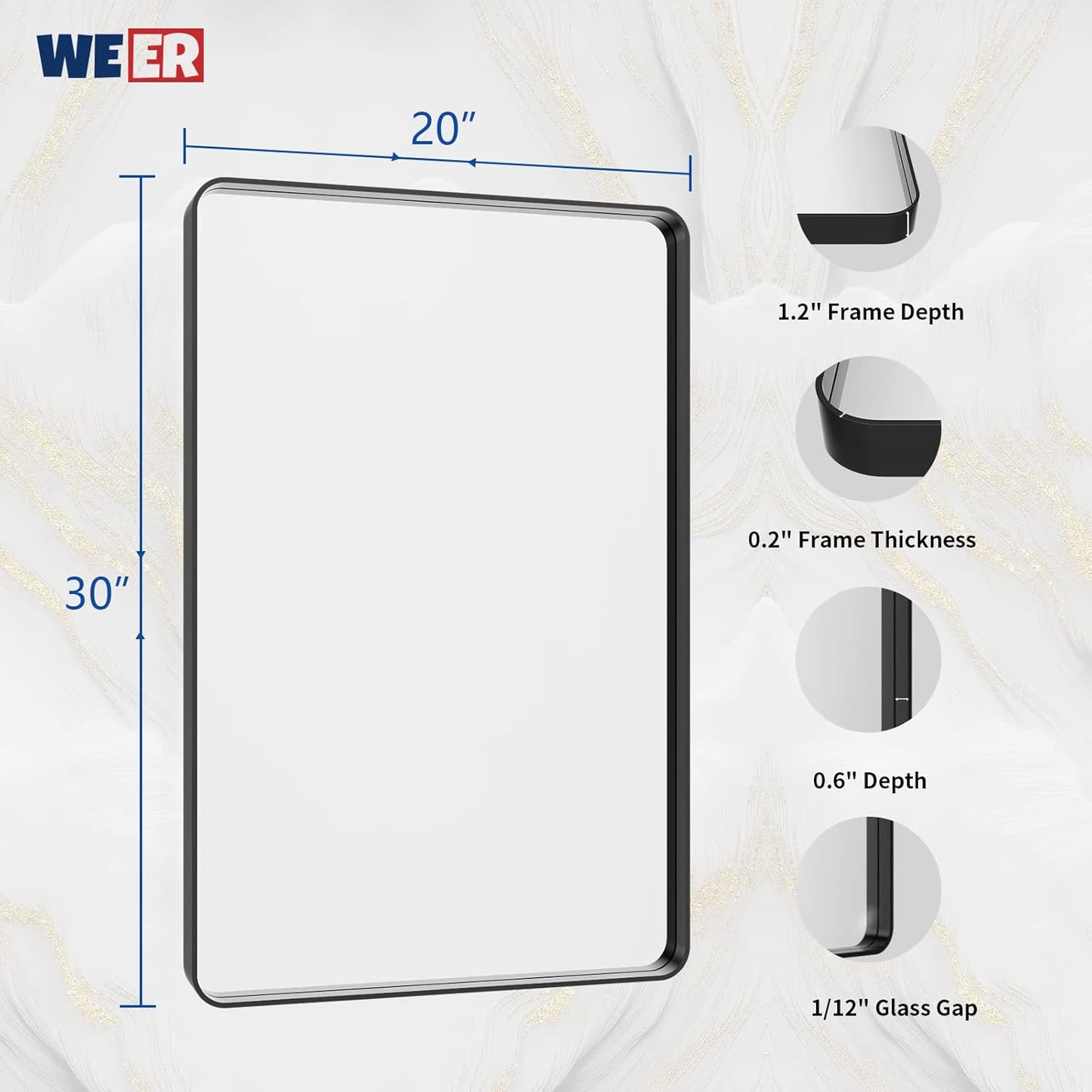 WEER Black Bathroom Mirror 20X30 Inch, Rectangular Matte Black Metal Framed Vanity Mirror, Farmhouse Bathroom Mirror with Tempered Glass, Rounded Corner, Anti-Rust (Horizontal/Vertical)