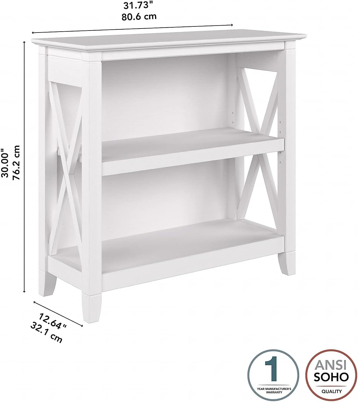 Bush Furniture Key West Small 2 Shelf Bookcase in Pure White Oak, Compact Home Organizer, Vertical Storage Solution, Bookshelf for Office or Living Room