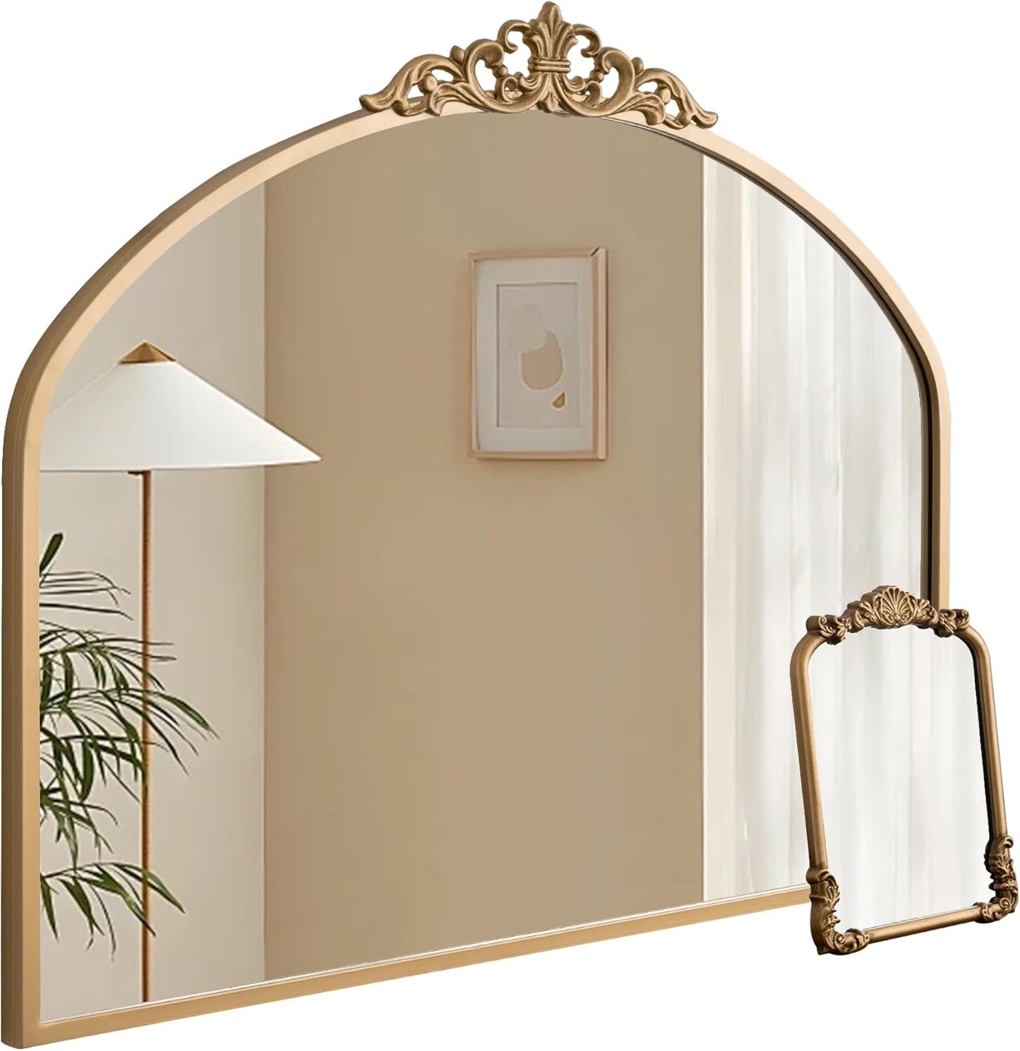 1 Set Vintage Mirror 36x29 Gold Antique Baroque Arched Ornate Traditional Brass Mirror and 8.5x12 Vintage Vanity Makeup Desk Table Mirror for Bathroom Entryway Living Room Hallway Fireplace