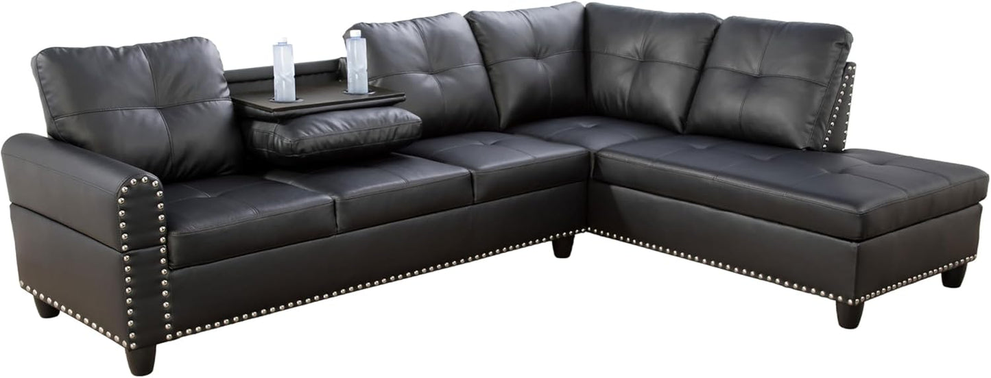 L Shaped Sectional Sofa with Ottoman, Nail-Head Design Leather Right Facing Modern Couches with Cup Holder for Living Room, Bedroom, Office, Black Leather