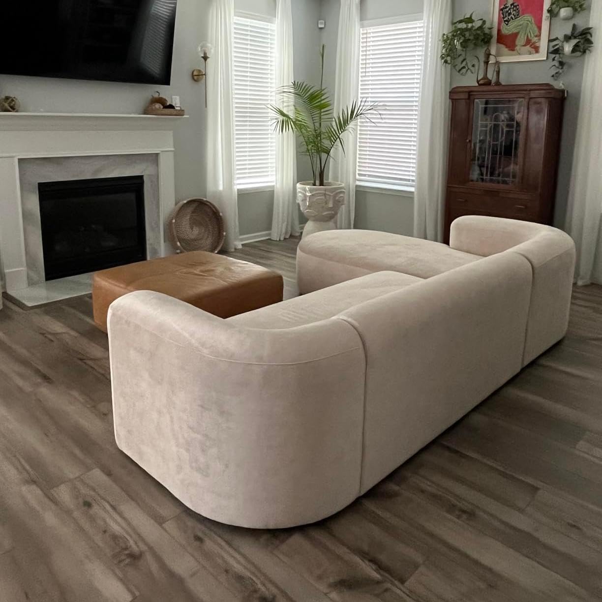 Acanva Luxury Modern Tight Curved Back Velvet Sofa, Minimalist Style Comfy Couch for Living Room Apartment, L-Shaped Sectional with Left Chaise, Cream