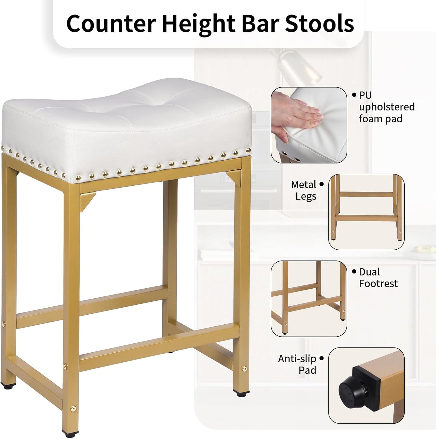 White & Gold Counter Height Bar Stools Set of 3, 24" Bar Stools for Kitchen Island, Modern Counter Stool Set of 3 Backless Saddle Barstools for Kitchen Dining Room White Gold