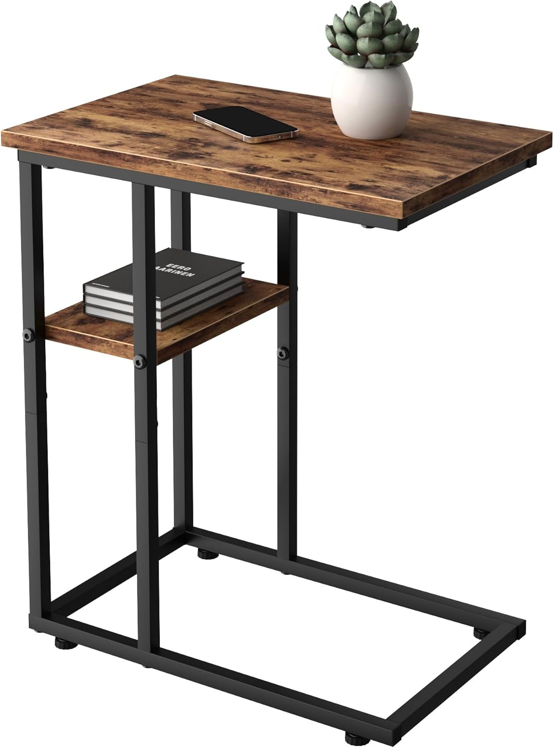 C Shaped End Table with Metal Frame, 2 Tier Sturdy C Table Side Table for Couch Sofa Bedside Small Space, C Snack Table TV Tray Record Player Stand Small Tables for Living Room Bedroom, Rustic Brown