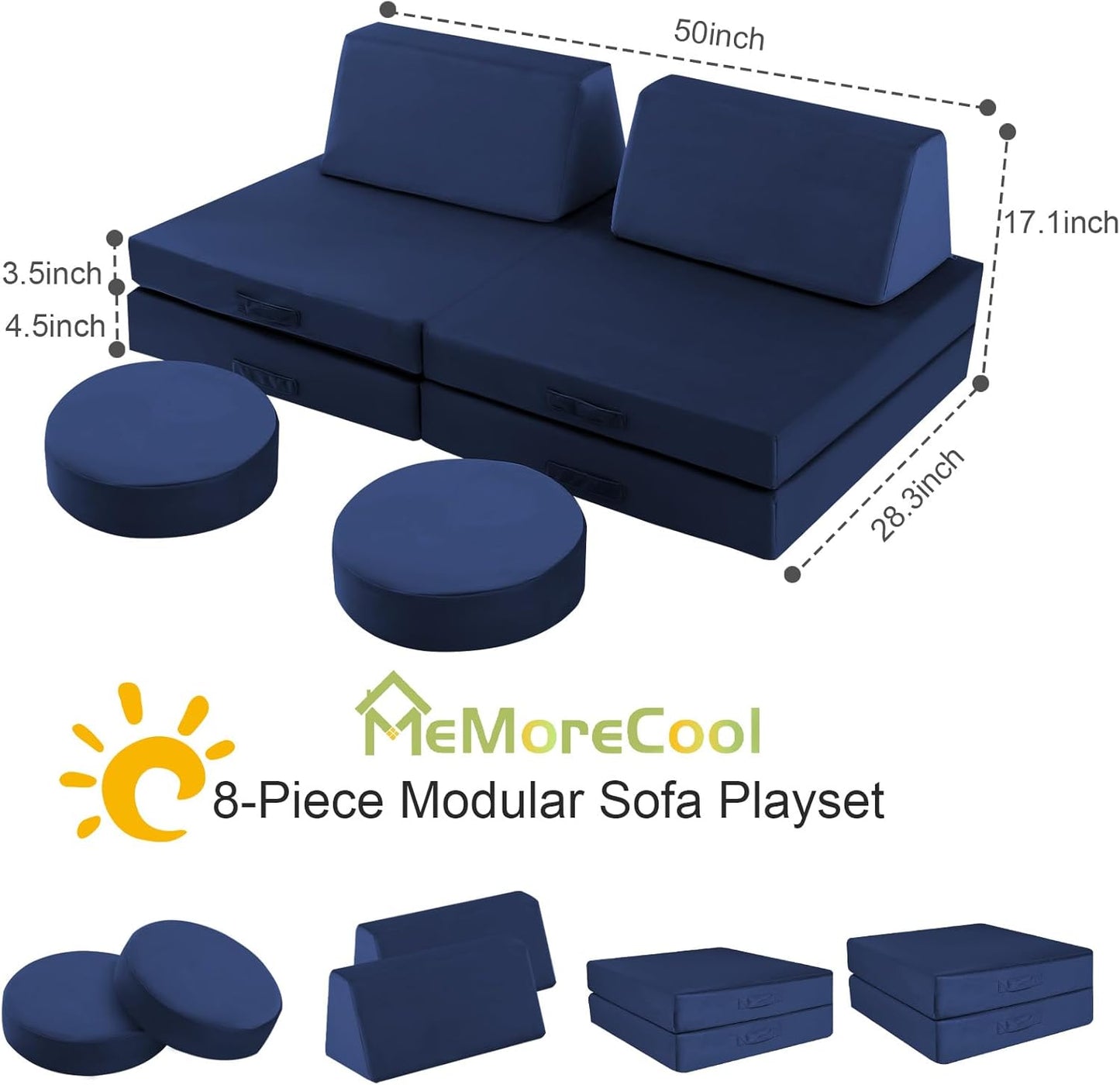 MeMoreCool Modular Kids Couch for Playroom, Navy Foam Play Couch for Toddlers, Building Fort Explorer Sofa