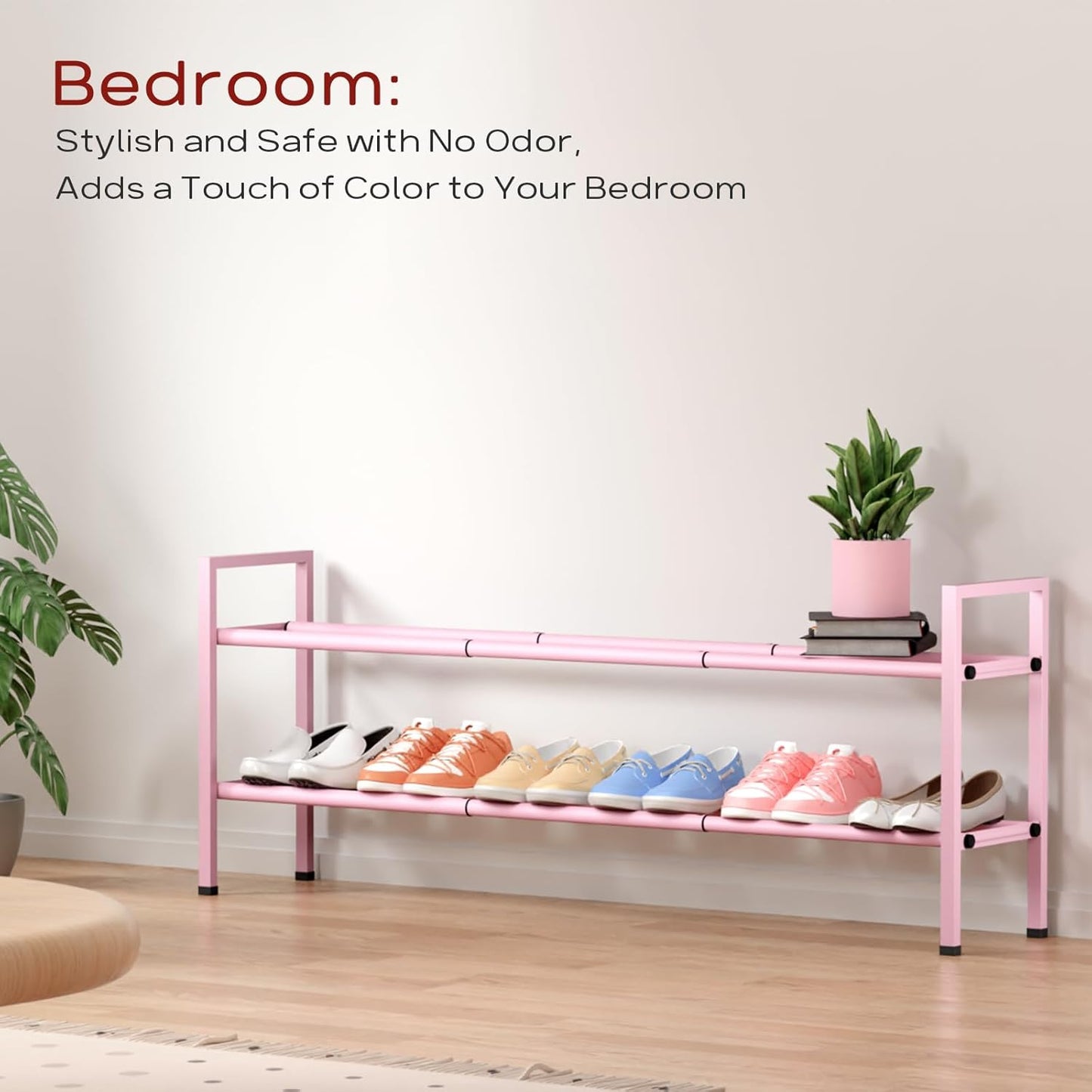 Bumusty 2-Tier Long Expandable Shoe Rack for Closet, 18"-44" Adjustable Shoe Rack for Entryway, 10-12 Pairs Large Shoe Organizer Shelf Storage, Sturdy Metal, Pink