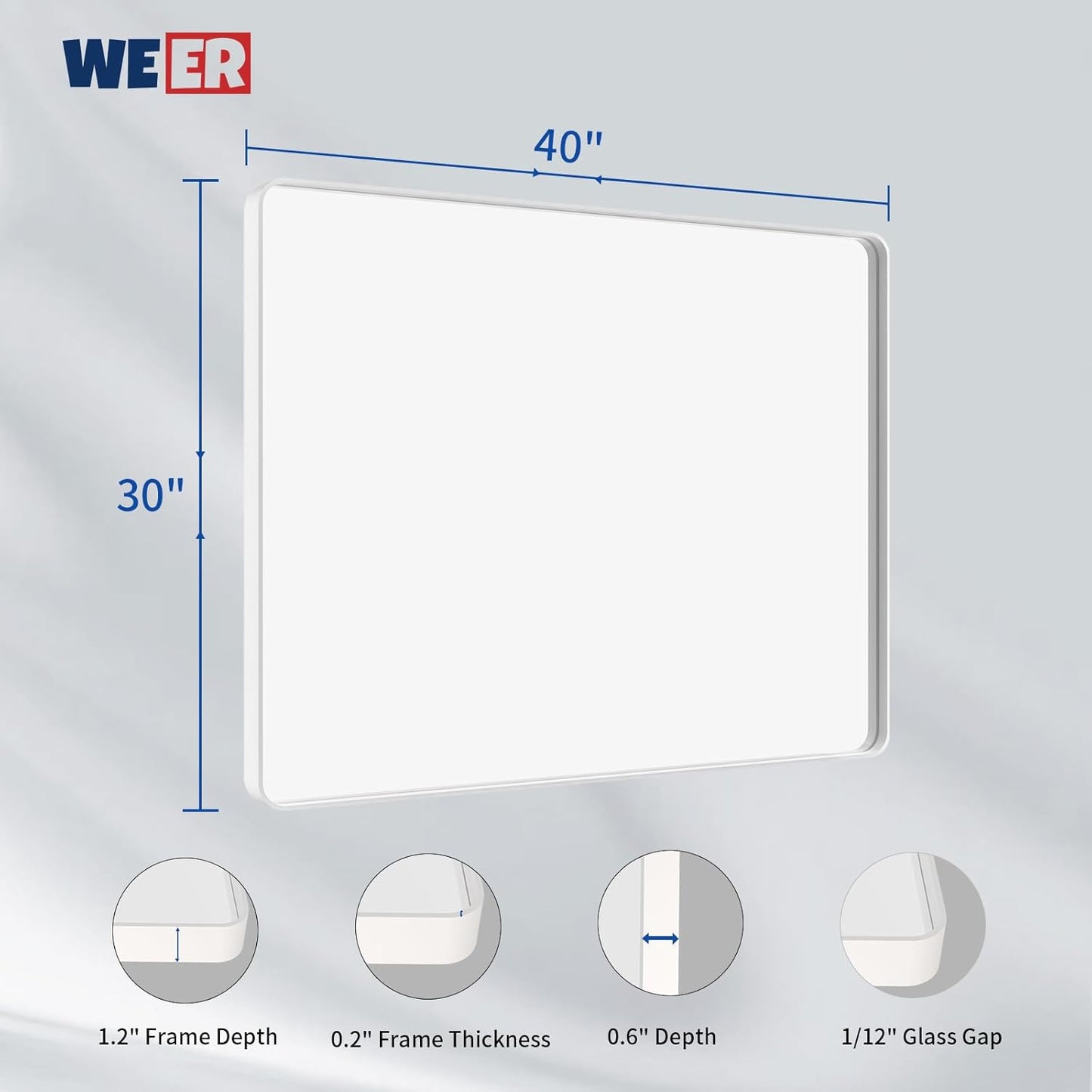 WEER White Bathroom Mirror 40X30 Inch, Rounded Rectangle White Metal Frame Mirror, Matte White Bathroom Vanity Mirror with Tempered Glass, Anti-Rust, Hangs Horizontally or Vertically