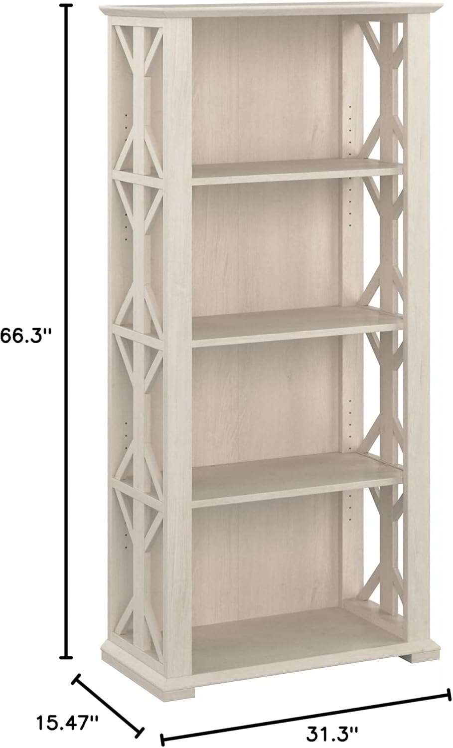 Bush Furniture Homestead 4 Shelf Farmhouse Bookcase in Linen White Oak, Vertical Office Organizer, Home Shelving Unit for Books and Decor, Bookshelf