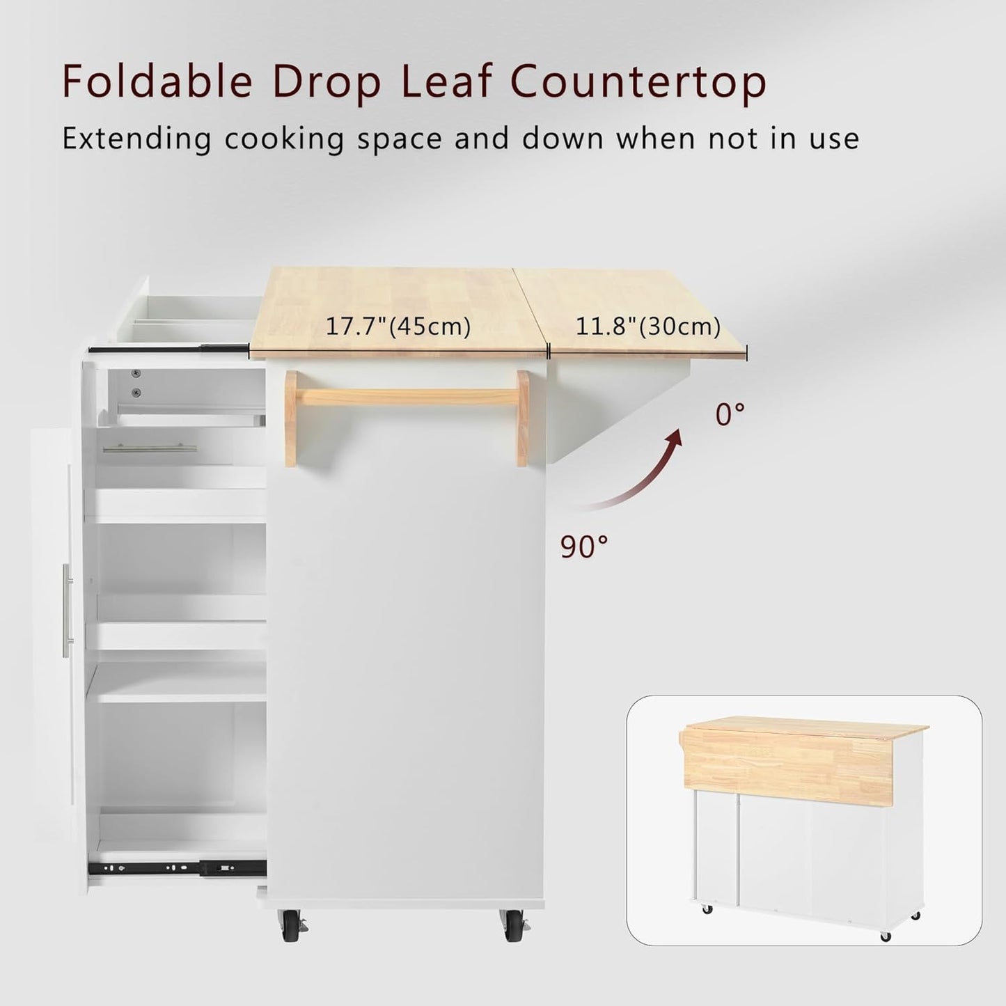 46" Kitchen Island with Drop Leaf,Kitchen Storage Cart W/ 3 Tier Pull Out Cabinet Organizer & Internal Storage Rack,Rolling Kitchen Cart on Wheels W/Towel Rack & 2 Drawers,for Kitchen,White