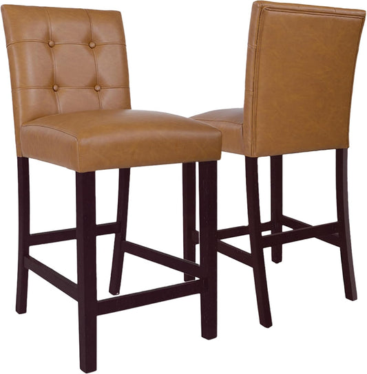 HomePop 24" Upholstered Button Tufted Leatherette Counter Height Barstool Chairs, Carmel Faux Leather (Set of 2)