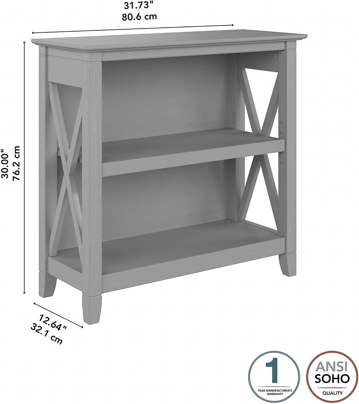 Bush Furniture Key West Small 2 Shelf Bookcase in Cape Cod Gray, Compact Home Organizer, Vertical Storage Solution, Bookshelf for Office or Living Room