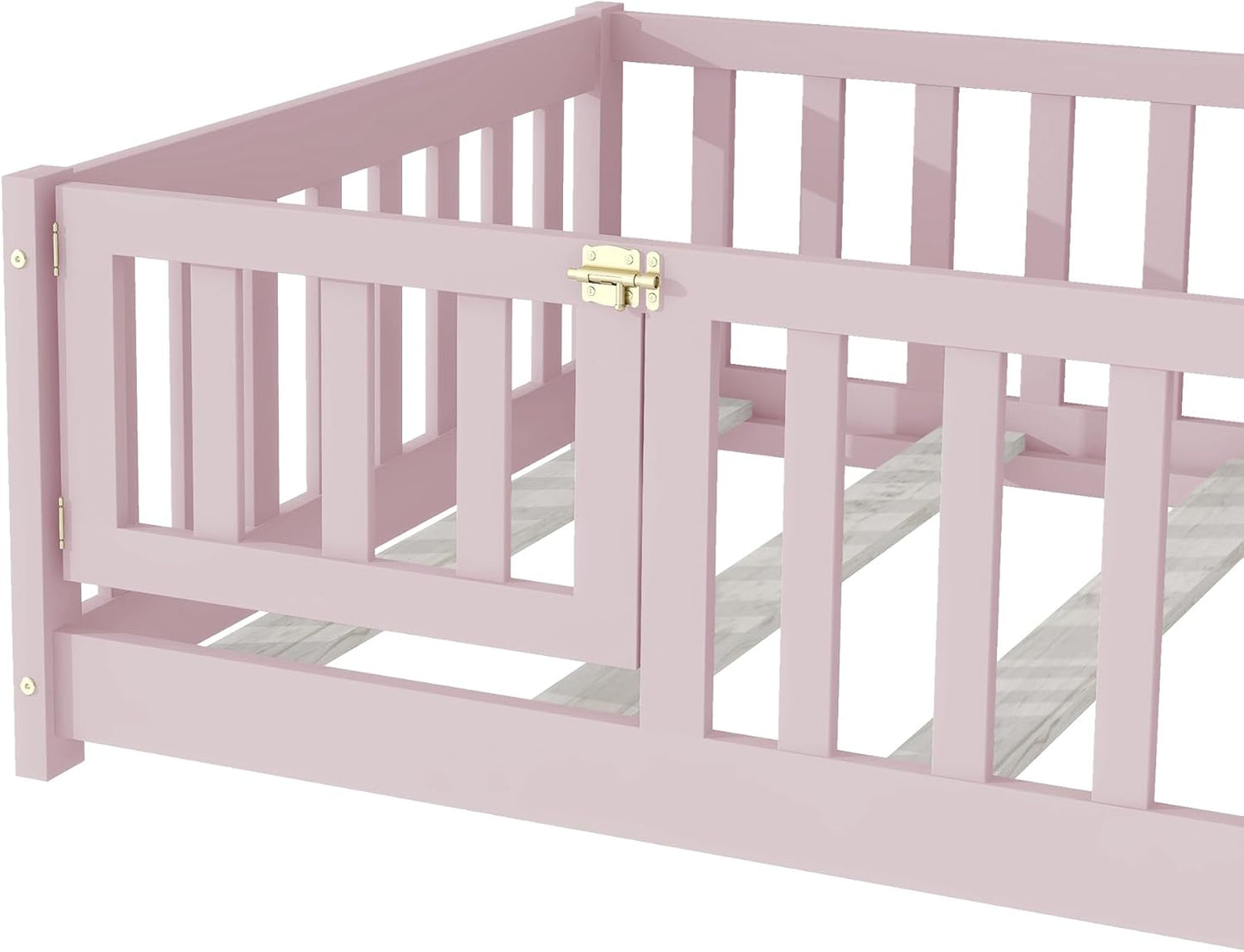 Twin Floor Bed Frame with Slats and Safety Guardrail, Wood Twin Size Montessori Floor Bed with Door and Fence, Easy Assemble Montessori Beds for Kids, Girls, Boys, Pink