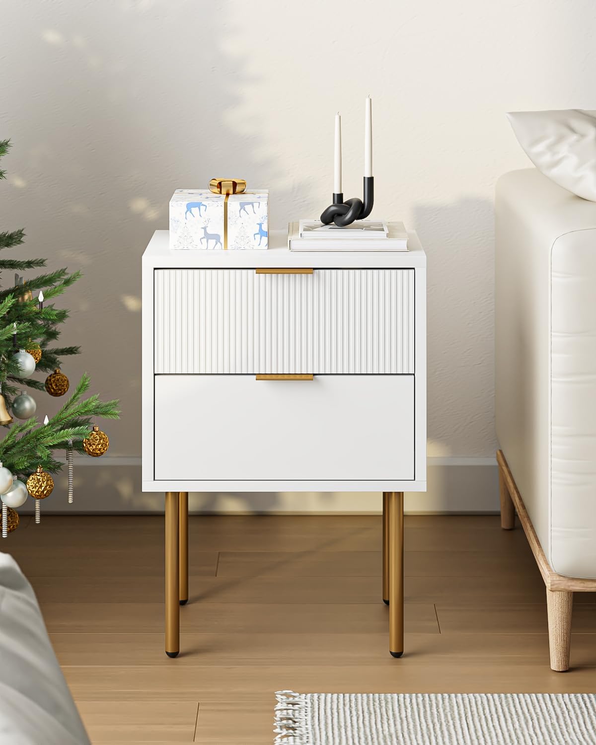 Nightstand,Small Bedside Table with Gold Frame,Morden Night Stand with 2 Drawer,End Table,Side Table with Drawer and Shelf for Bedroom,Living Room (White-2Drawer)