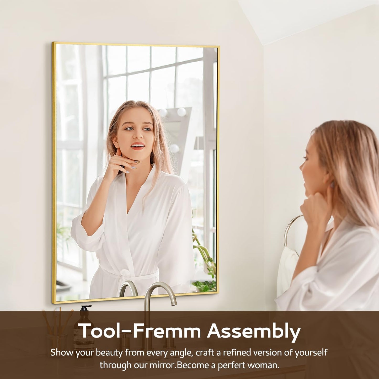 Gold Bathroom Mirror 26"x38", Rectangle Vanity Mirror with Frosted Metal Frame, Tempered Glass Wall Mounted Mirrors, Rust-Resistant for Bathroom, Bedroom & Living Room Decor