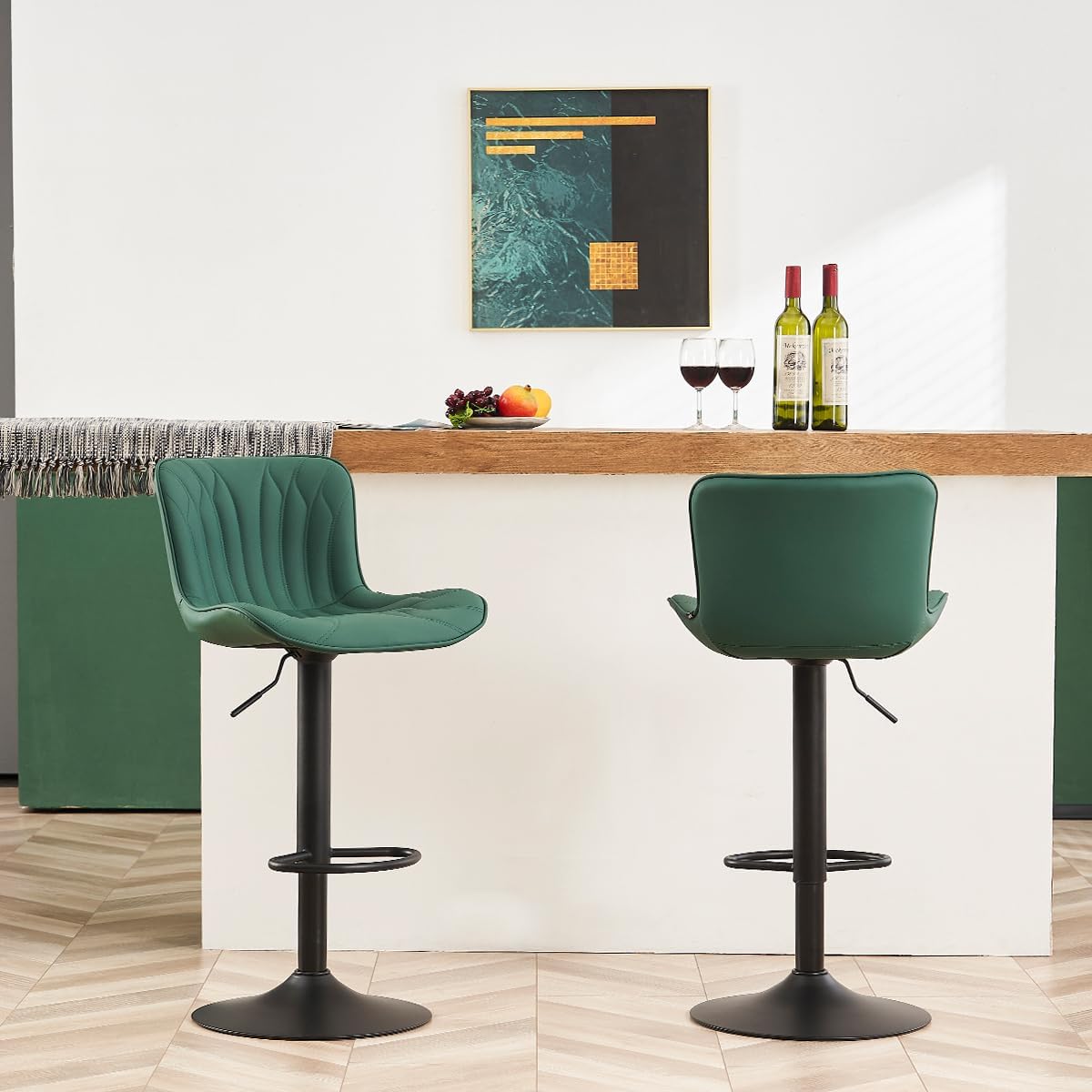 YOUNUOKE Bar Stools Set of 2, Counter Height Stools for Kitchen, 24 inch Swivel Barstools, Adjustable Island Chairs with Back, Dark Green