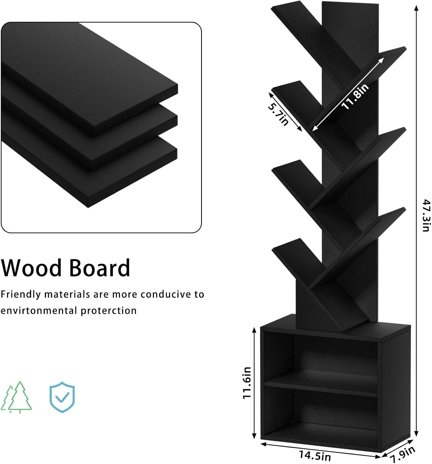 10 Tier Tree Bookshelf,Floor Standing Wood Tall Bookcase for Narrow Space, Storage Organizer Bookshelves for Books, Book Case for CDs/Movies/Books,Home Office,Living Room, Bedroom