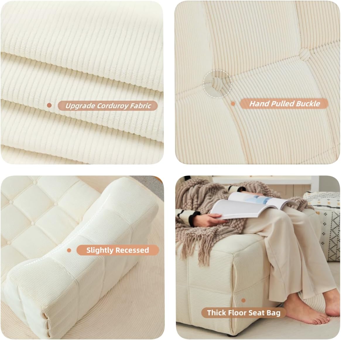 Big Joe Bean Bag Chair - Memory Foam Bean Bag Chair for Adults, Comfy High-Resilience Single Sofa, Small Space Floor Chair, Chaise Lounge for Living Room, Bedroom (Beige, Square)