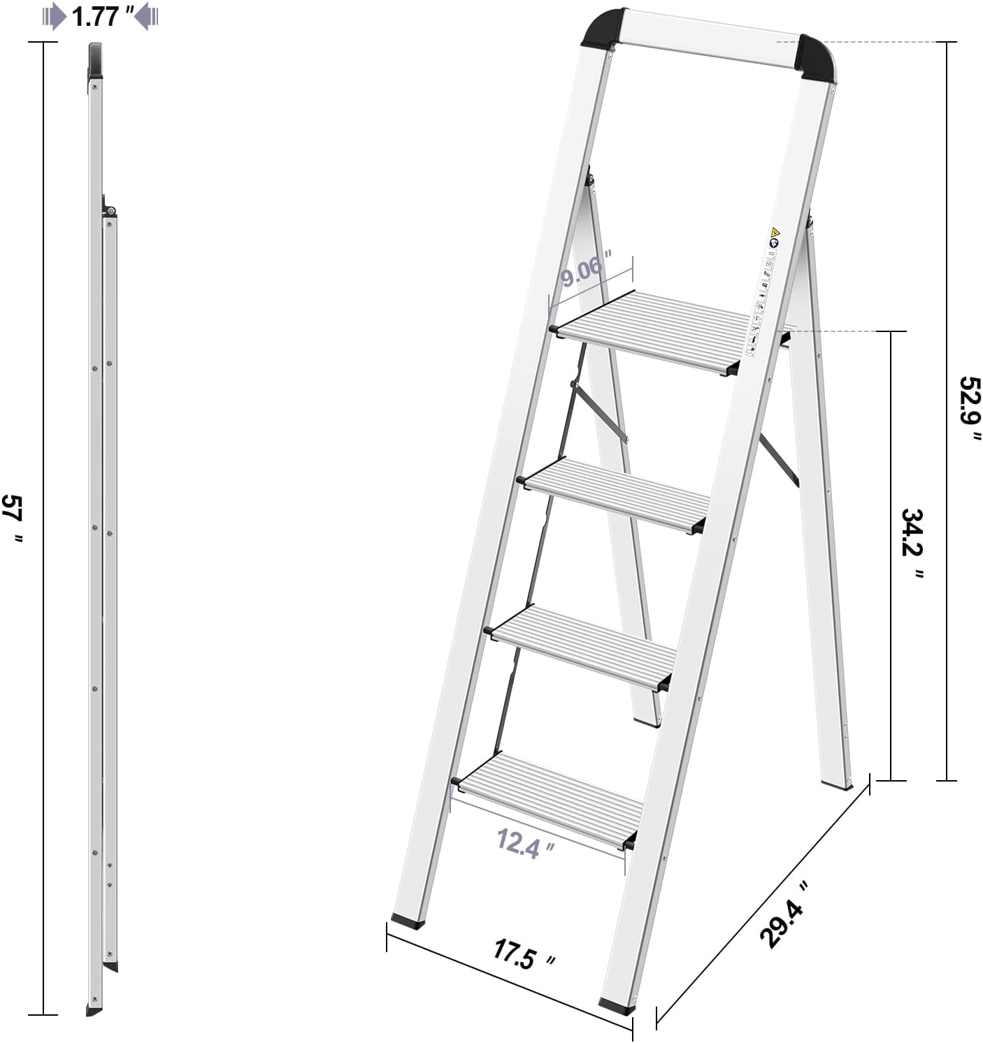 KINGRACK Aluminium 4 Step Ladder, Lightweight Step Stool with Non-Slip Pedals, Handrail, Foldable Step Ladder for Kitchen, Garage, Home, Space Saving, Sturdy and Portable, Silver