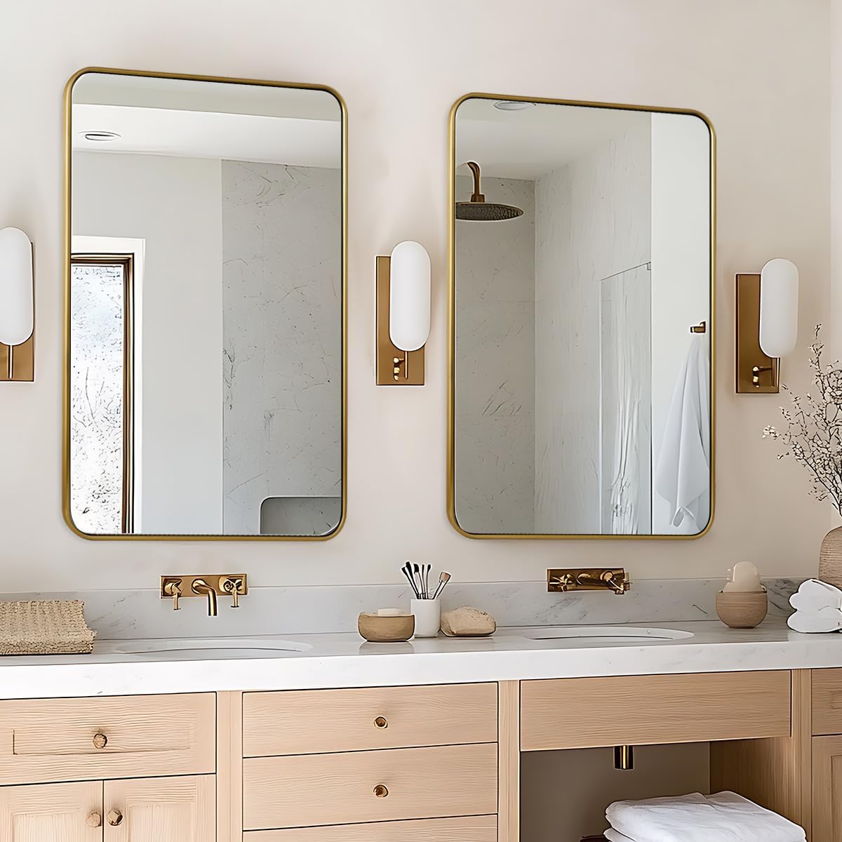 ANDY STAR 24x36 Rectangle Bathroom Mirror, Brushed Gold Stainless Steel Metal Frame Bathroom Mirror for Over Sink, Modern Rounded Corner Brass Vanity Wall Mirror, Hangs Horizontally or Vertically