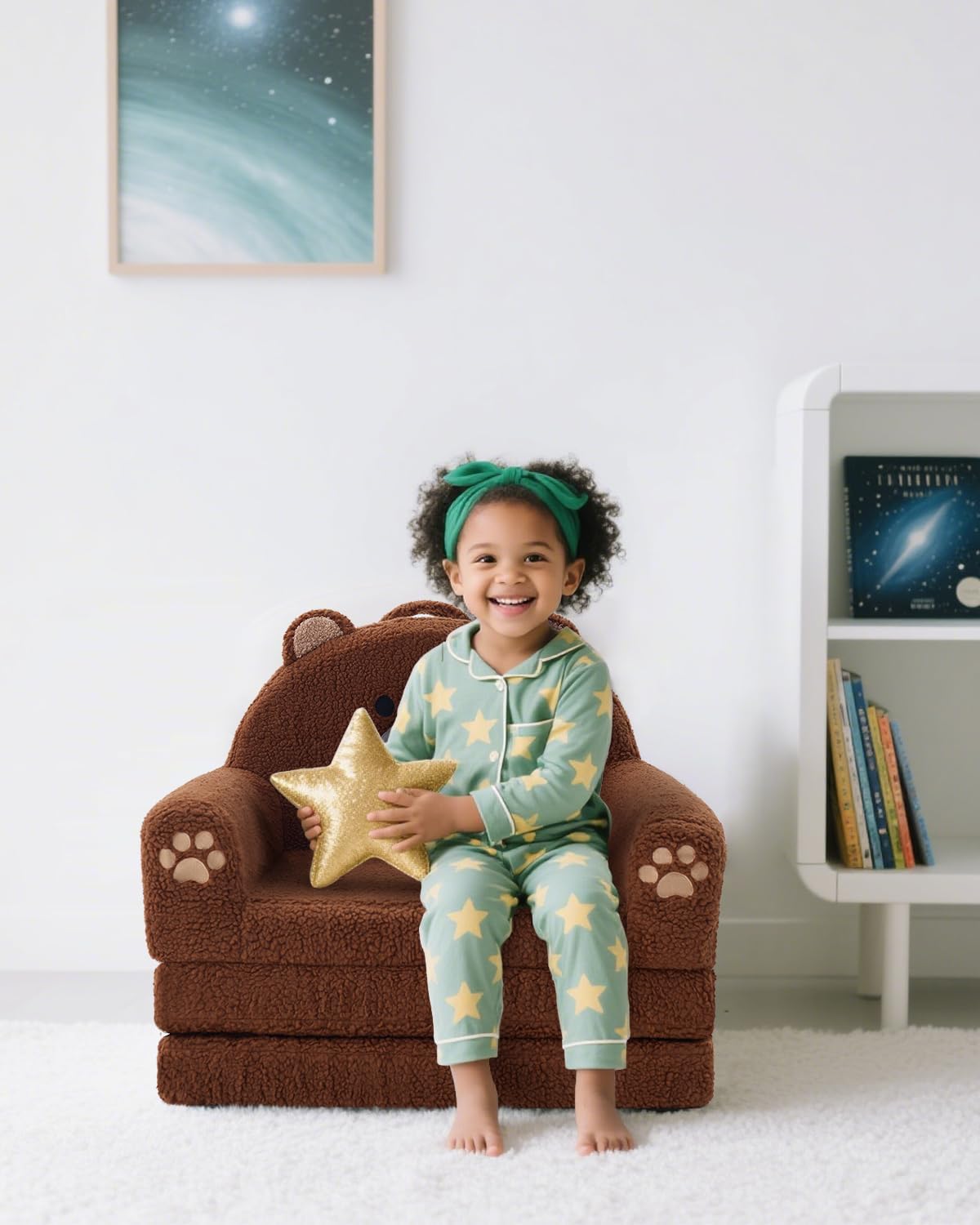 MOONBEEKI 2-in-1 Foldable Toddler Couch, Soft Sherpa Fabric with Washable Cover, Convertible Sofa to Lounger, Kids Sofa for Playroom, Bedroom, Living Room, Birthday Gift, Ages 3-6, Bear, Large