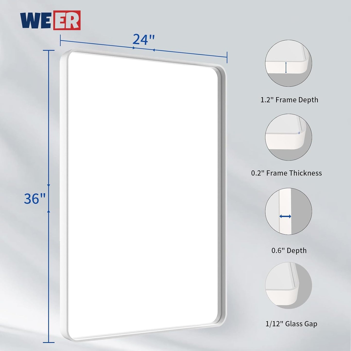 WEER White Bathroom Mirror 24X36 Inch, Rounded Rectangle White Metal Frame Mirror, Matte White Bathroom Vanity Mirror with Tempered Glass, Anti-Rust, Hangs Horizontally or Vertically